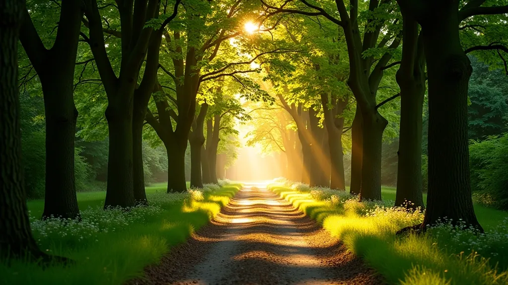 Scenic forest park trail with mature trees and walking path in Monaghan