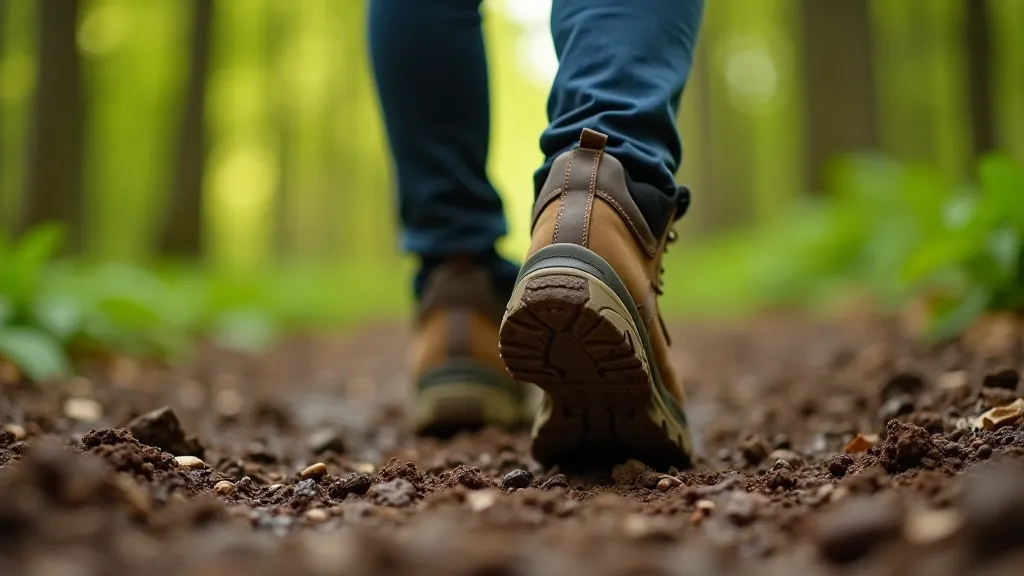 Close-up of walking boot on forest trail showing tread pattern and support structure