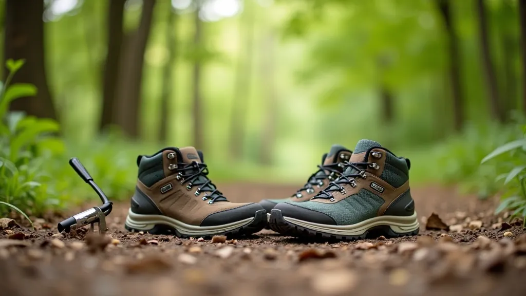 Hiking boots on forest ground with walking stick and water bottle nearby on dirt path