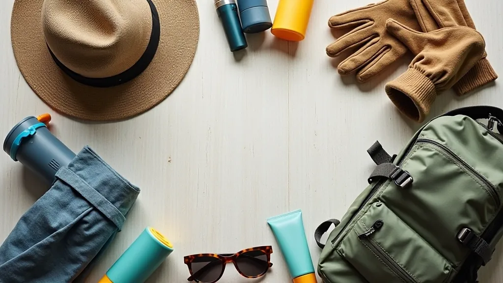 Flat lay of walking accessories arranged neatly including hat, gloves, sunscreen, water bottle, and small backpack
