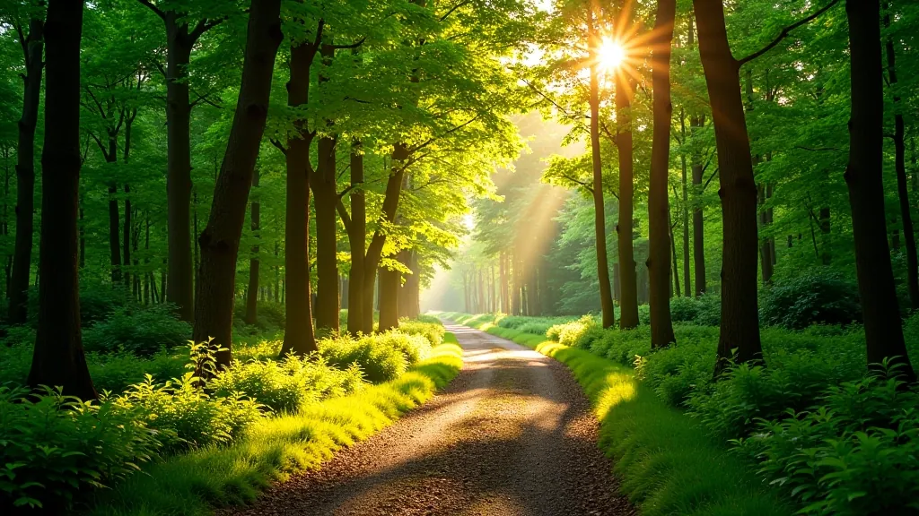 Peaceful forest path with dappled sunlight filtering through green canopy overhead