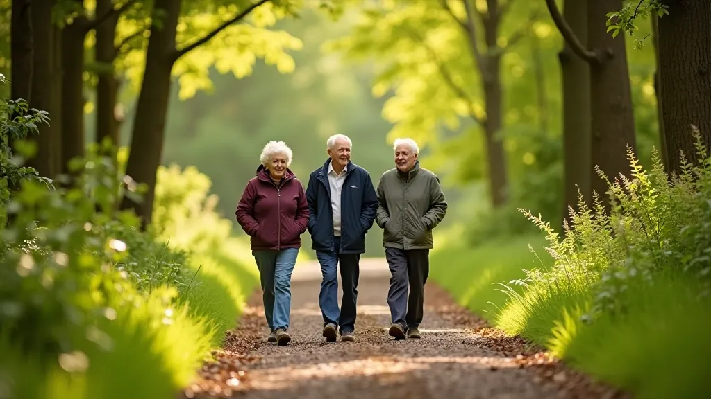 Forest path with older adults walking together