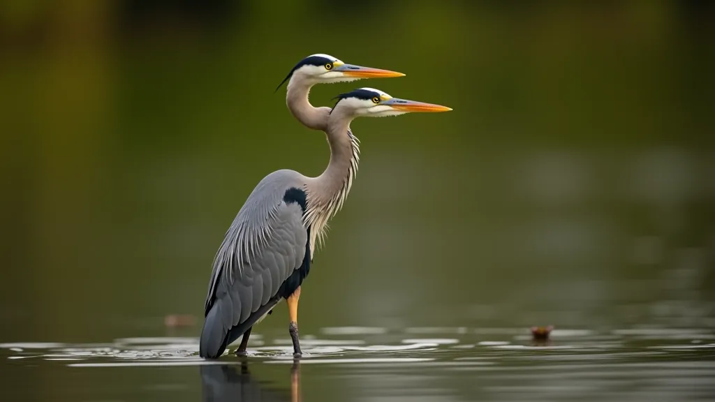 Heron standing in shallow water at the edge of the lake hunting for fish