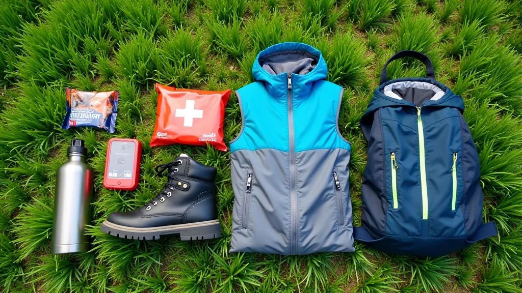 Laid out hiking essentials on hiking boots including water bottle, first aid kit, snacks, and jacket on grass
