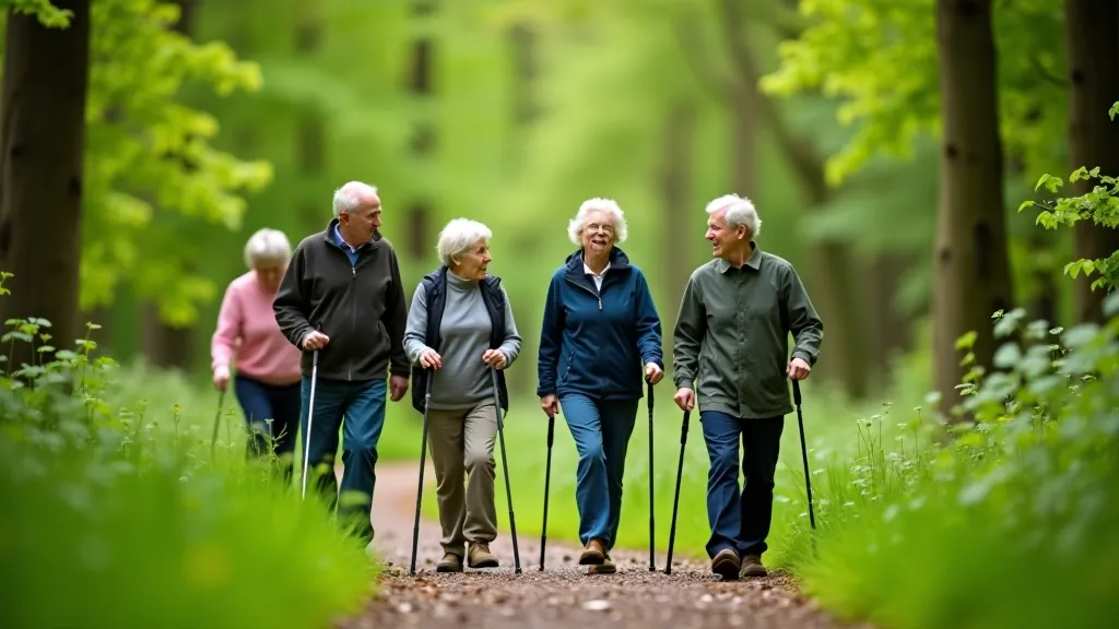 Group walking experience with seasonal forest backdrop
