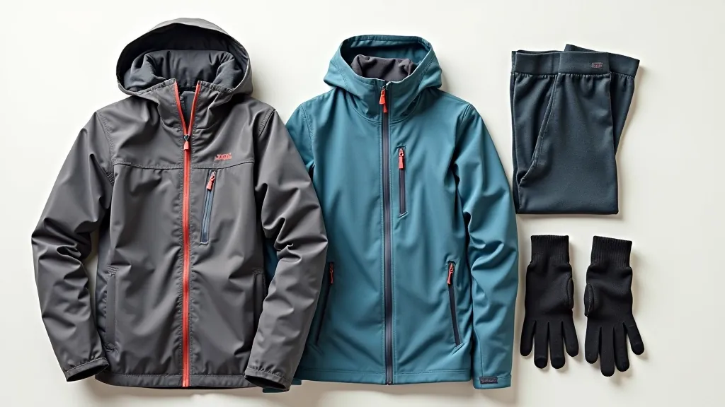 Collection of outdoor clothing items neatly arranged on neutral background including jacket, base layer, and accessories
