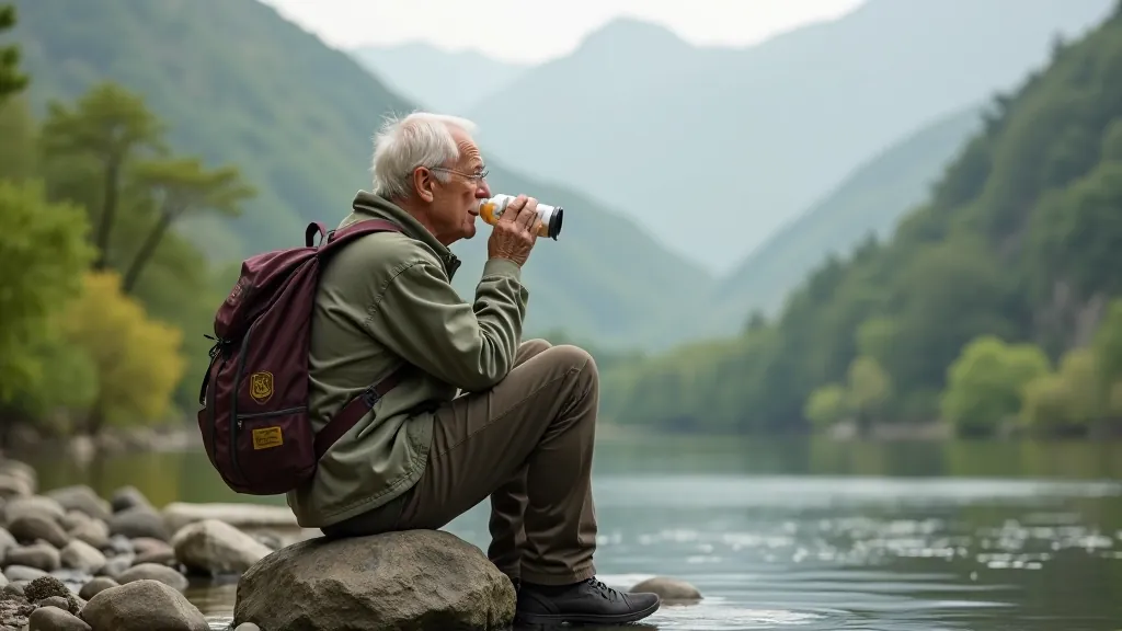 Hiker taking a water break, sitting on rocks with water bottle, scenic valley view