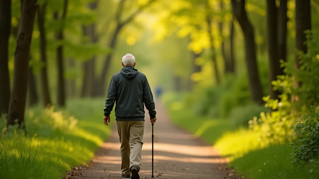 Older adult walking at a comfortable pace on a forest trail, enjoying the scenery