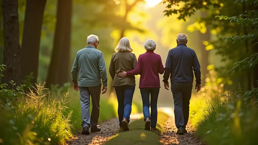 Older adult walkers enjoying a peaceful forest path with natural woodland surroundings