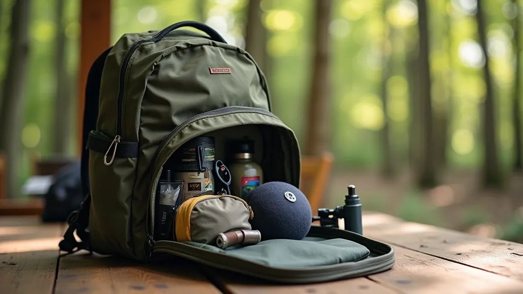 Open backpack with organized compartments showing hiking essentials neatly arranged