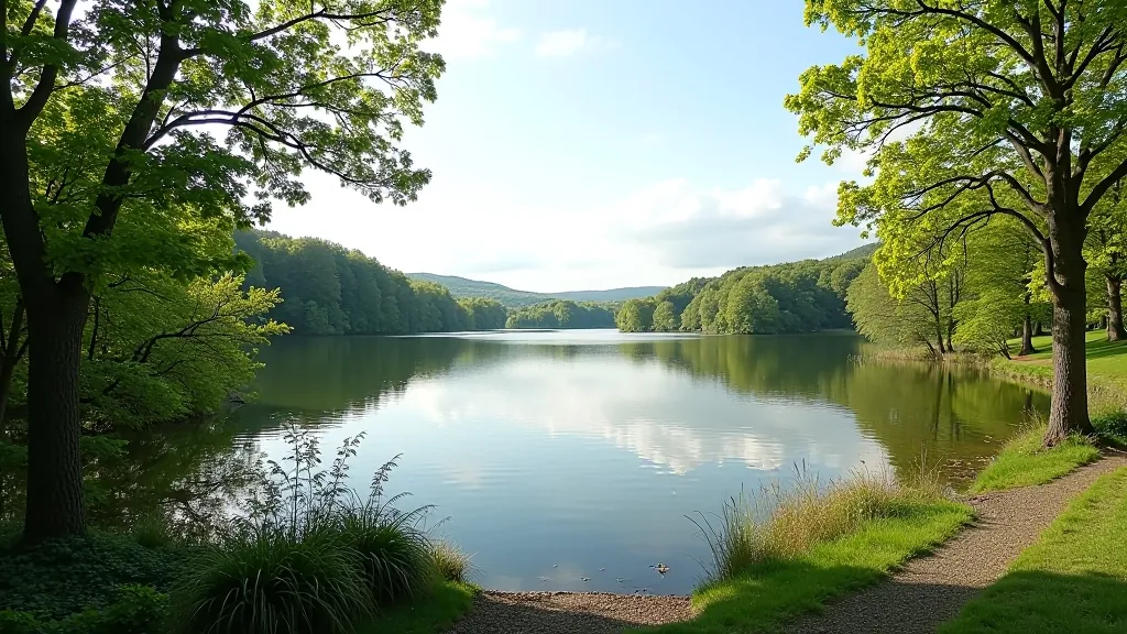 View of lake from woodland path showing water, distant trees, and clear sky