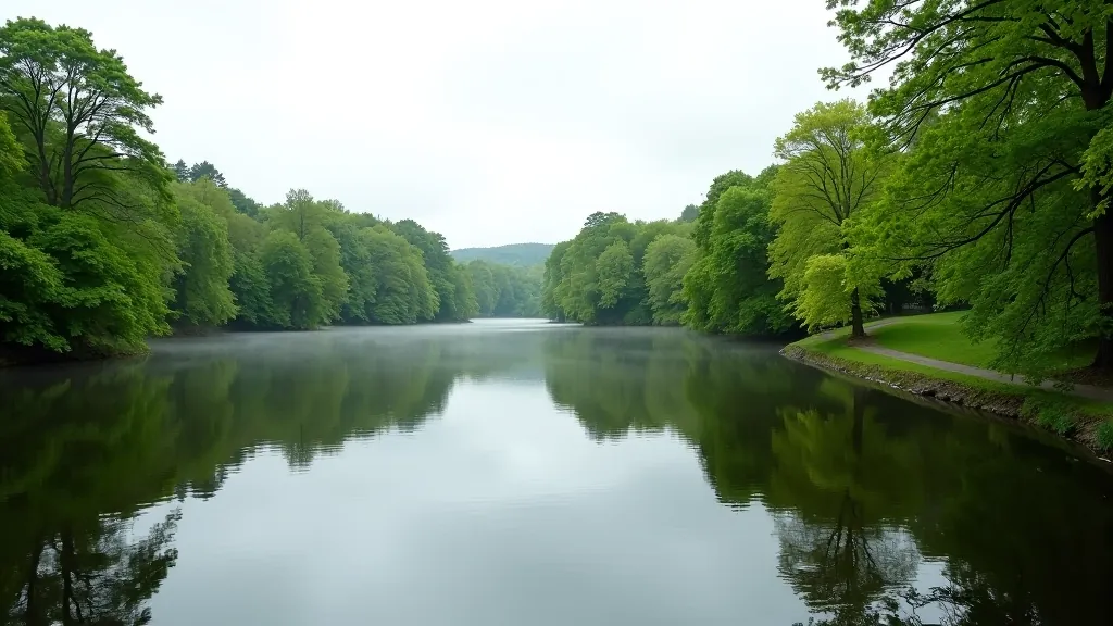 Scenic view of still lake surrounded by trees with walking path visible along the water
