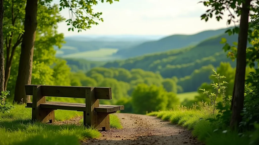 Wooden bench in a scenic forest clearing overlooking rolling green landscape