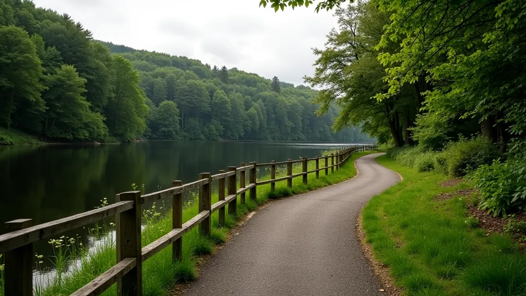 Walking path around Rossmore Park lake with clear trail markings and safety railings