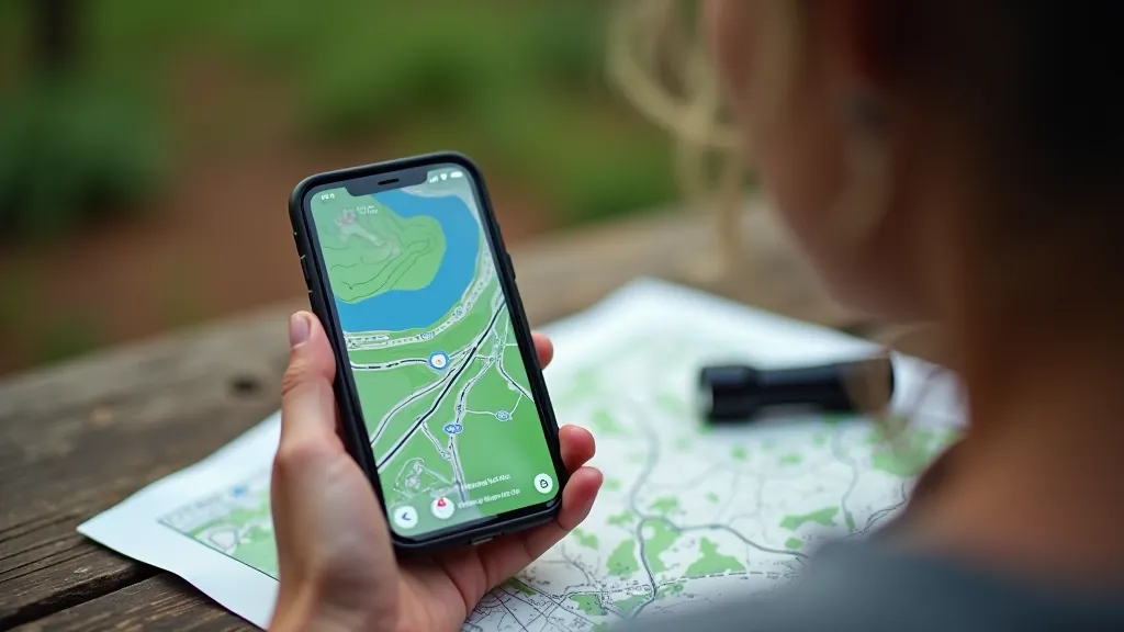 Phone with hiking map app open, printed park map, and small flashlight arranged on wooden surface