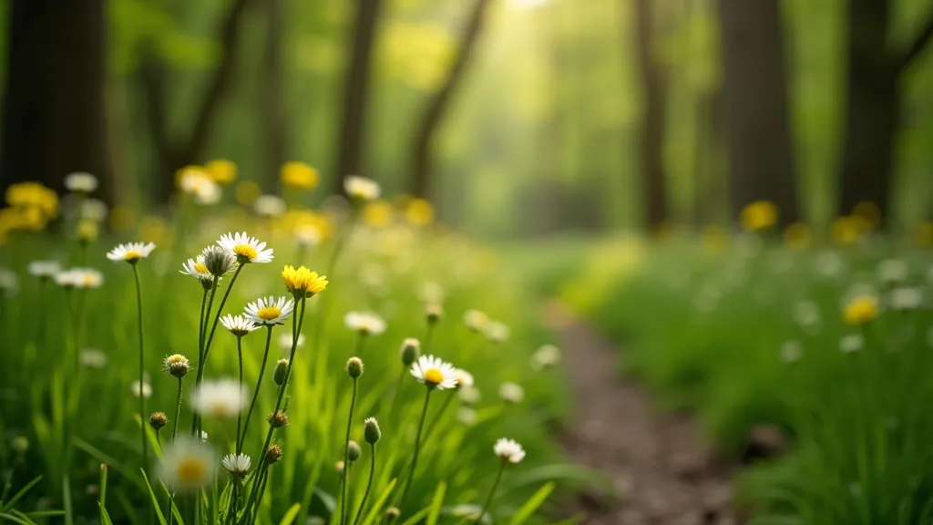 Spring wildflowers along forest trail edge