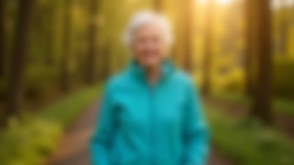 Older woman in colorful walking jacket standing on forest path with trees in background
