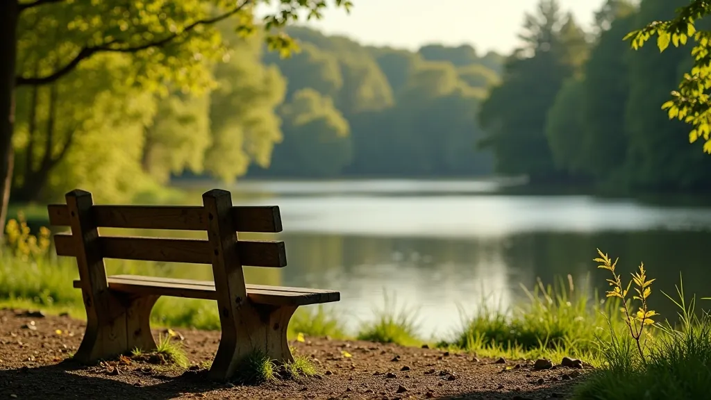 Wooden bench overlooking the lake with trees and water in background